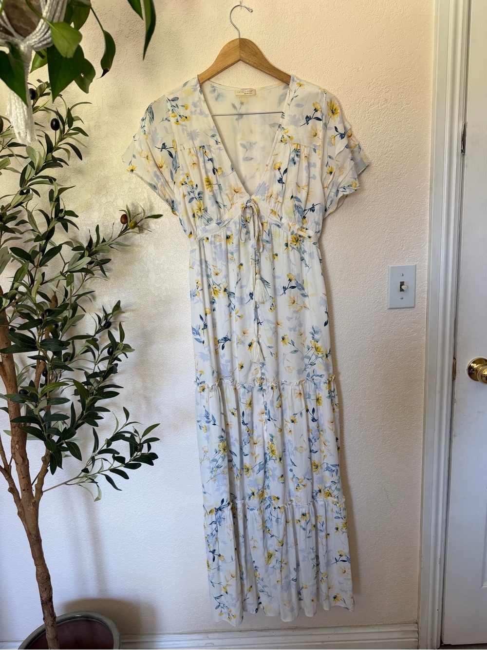 Love Stitch White Maxi Dress with Yellow & Blue Floral Print